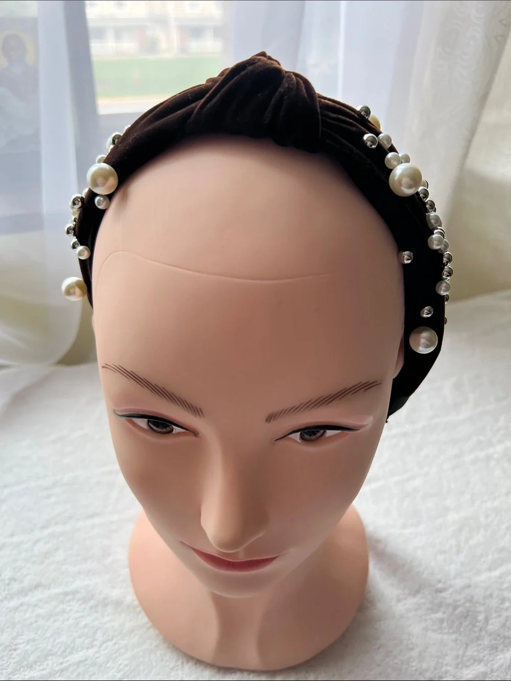 Natasha Couture Brown  Velvet Pearl Rhinestone Knotted Headband Embellished